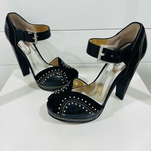 🖤✨ MICHAEL KORS BLACK SILVER STUDDED ASTOR QUARTER STRAP PLATFORM SUEDE HEEL 7.5